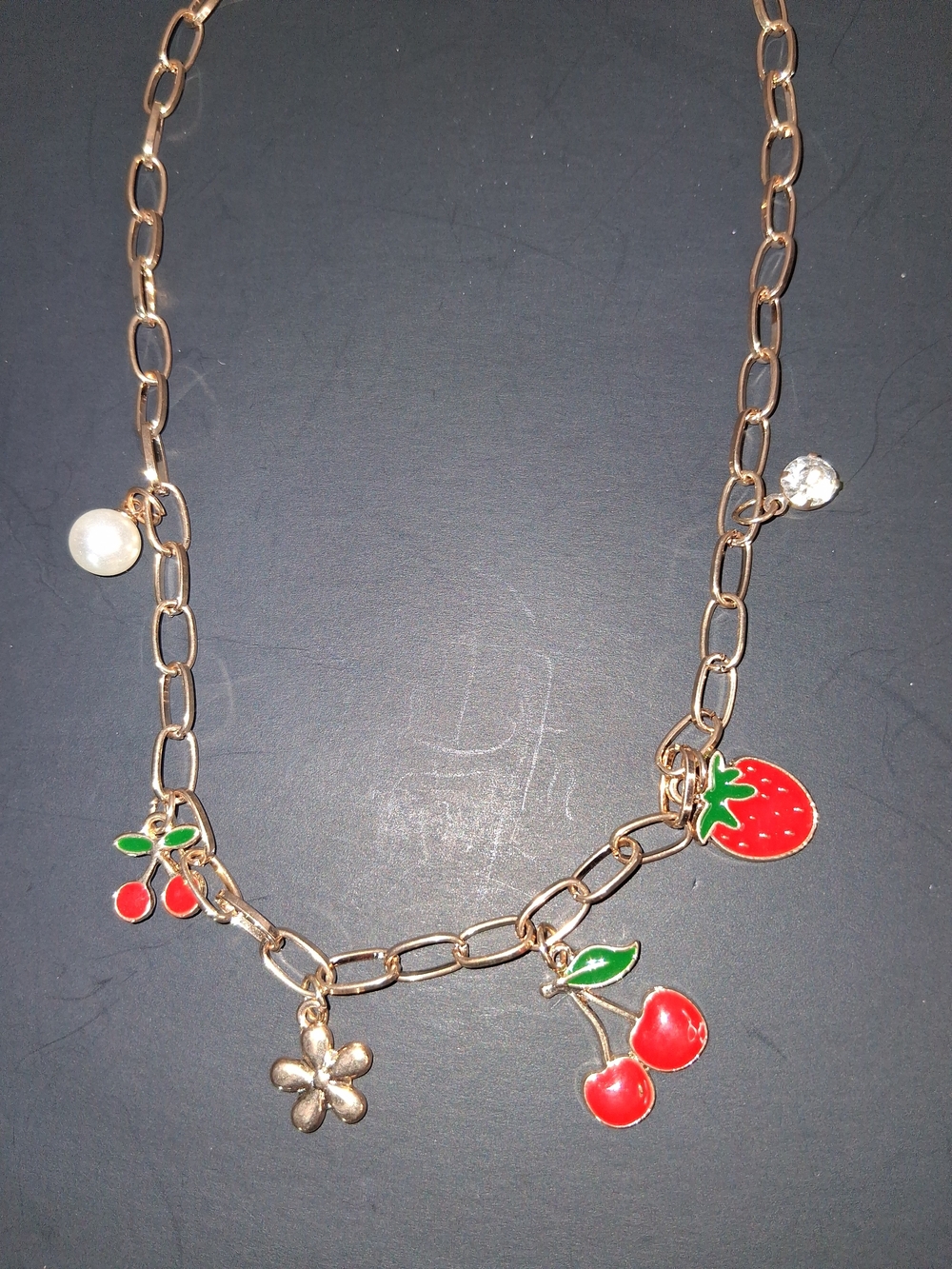 Gold-Tone Fruit Charm Necklace with Red Strawberry & Cherry Accents